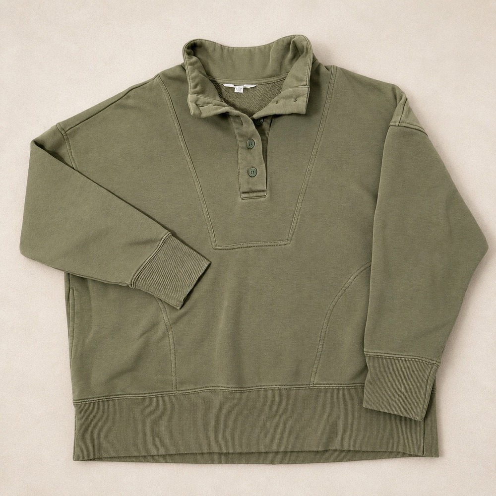 Classic Henley Style French Terry Olive Sweatshirt (XL)‎ Casual Collared Light
